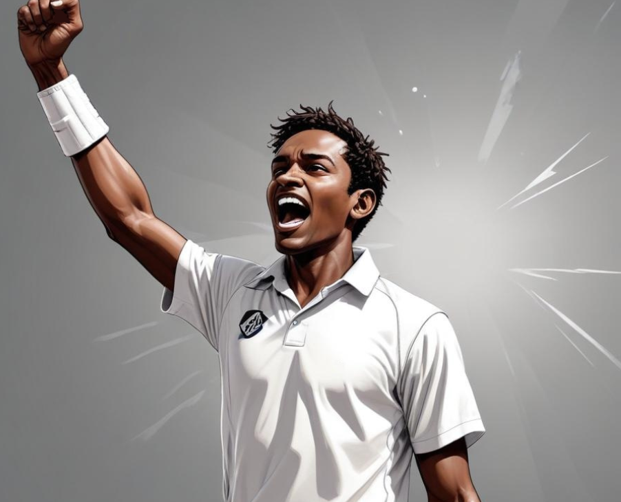 A cricketer in white uniform holds his arm aloft in victory.