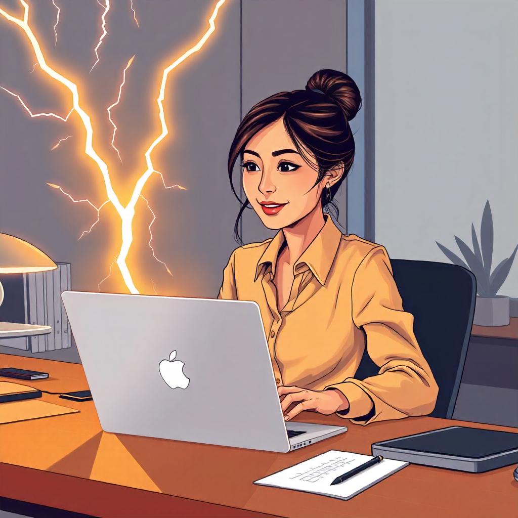 an older professional woman sitting at a desk with a laptop with lightning coming out of it