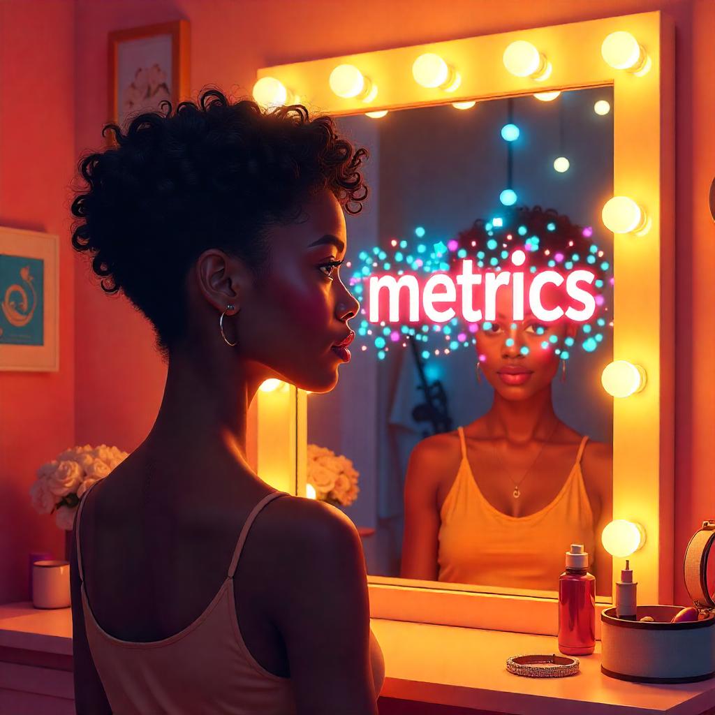 marketing metrics a woman looking at a mirror - in the centre of the image inside the mirror is the word "metrics"