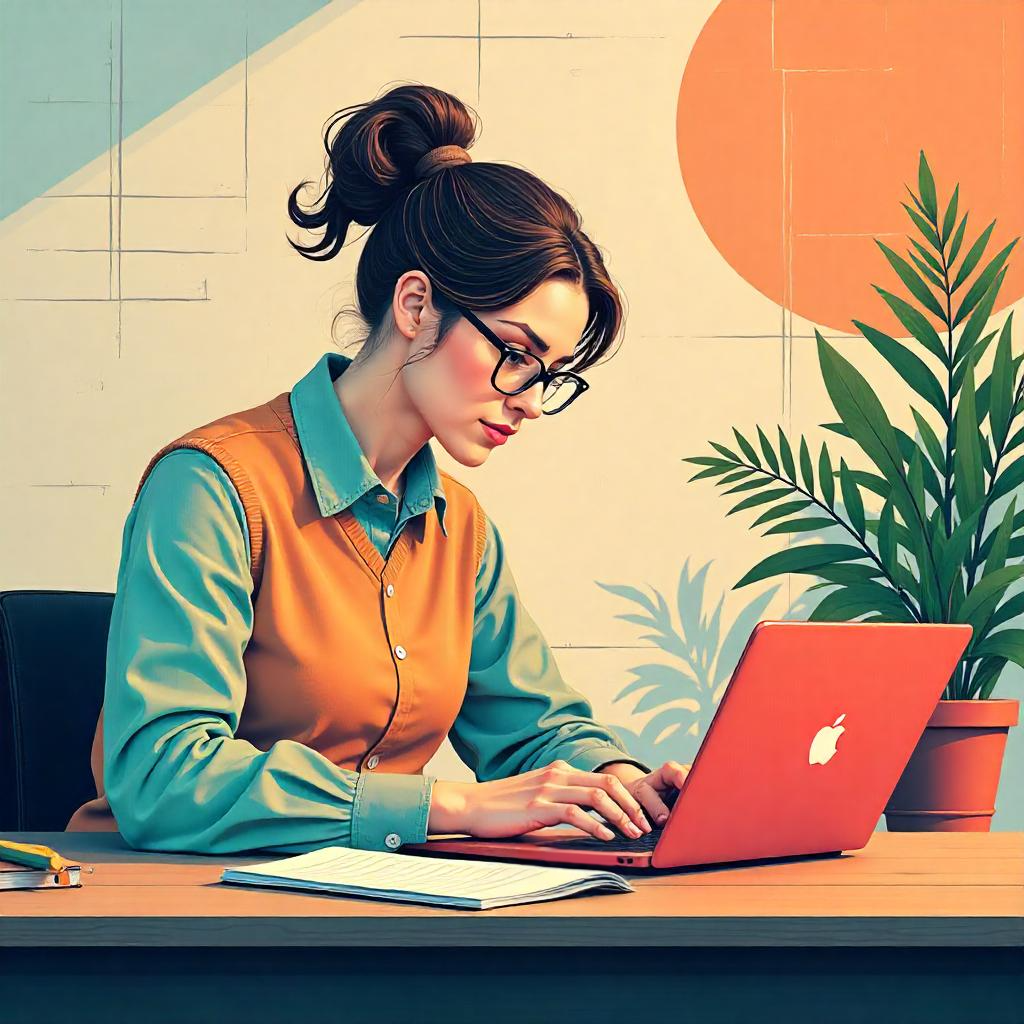 a woman sitting at a desk with a laptop using AI