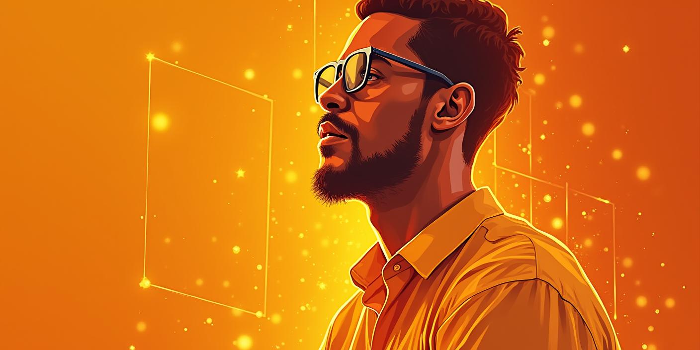 A man with a beard surrounded in an orange glow