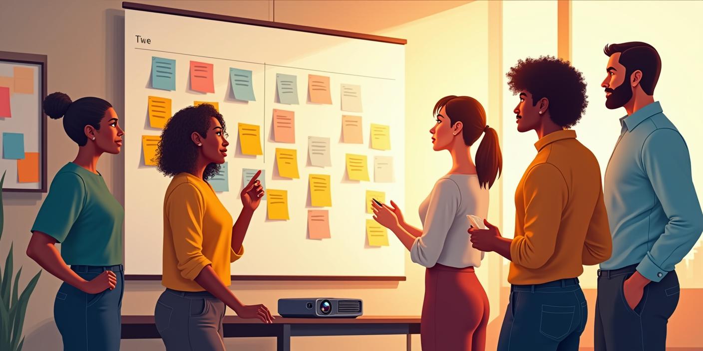 A group of people from a sales and marketing team meet in a workshop to align their vision.