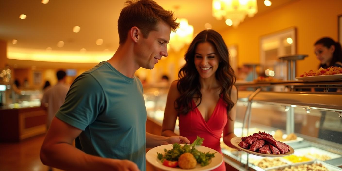 A man and a woman at a buffet station 