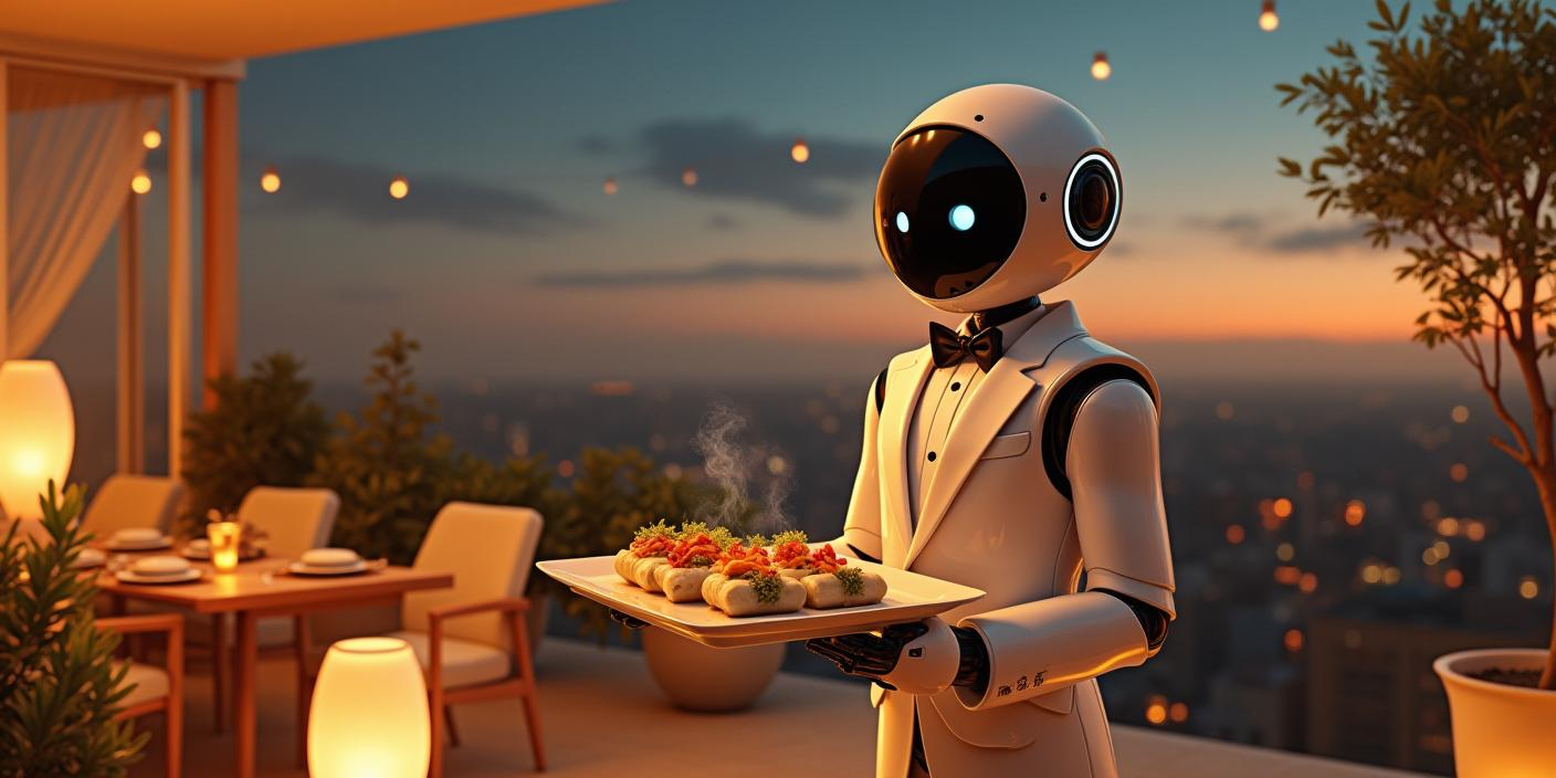 A robot butler stands in a contemporary looking house holding some canapes