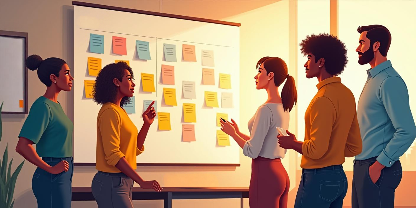 A group of fractional CMO marketers gather around a whiteboard