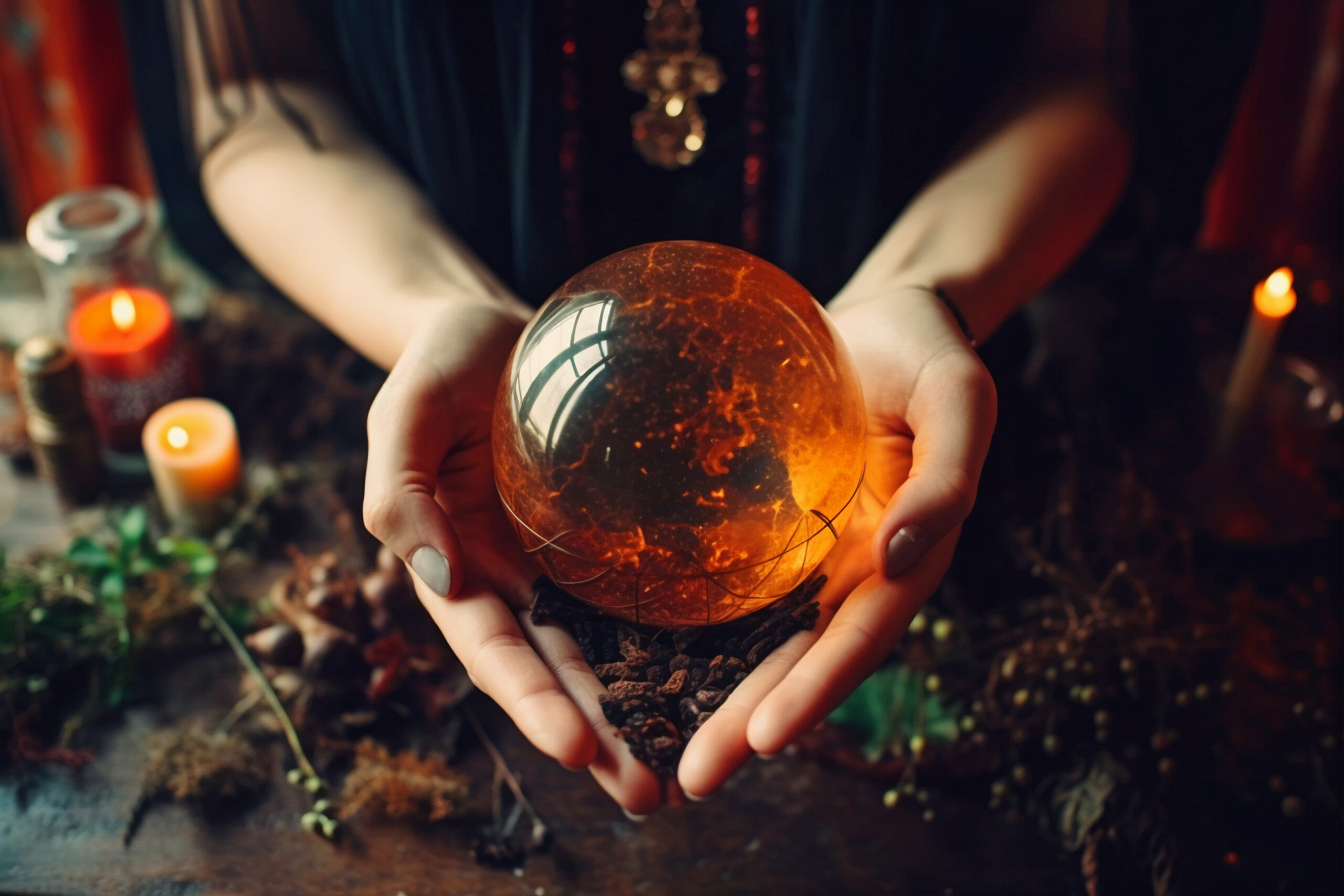 A woman's hands surround a crystal ball 