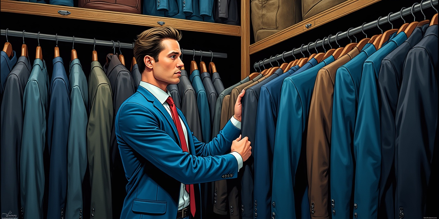 Decision fatigue. A man in a business suit chooses between several suits that are the same colour.