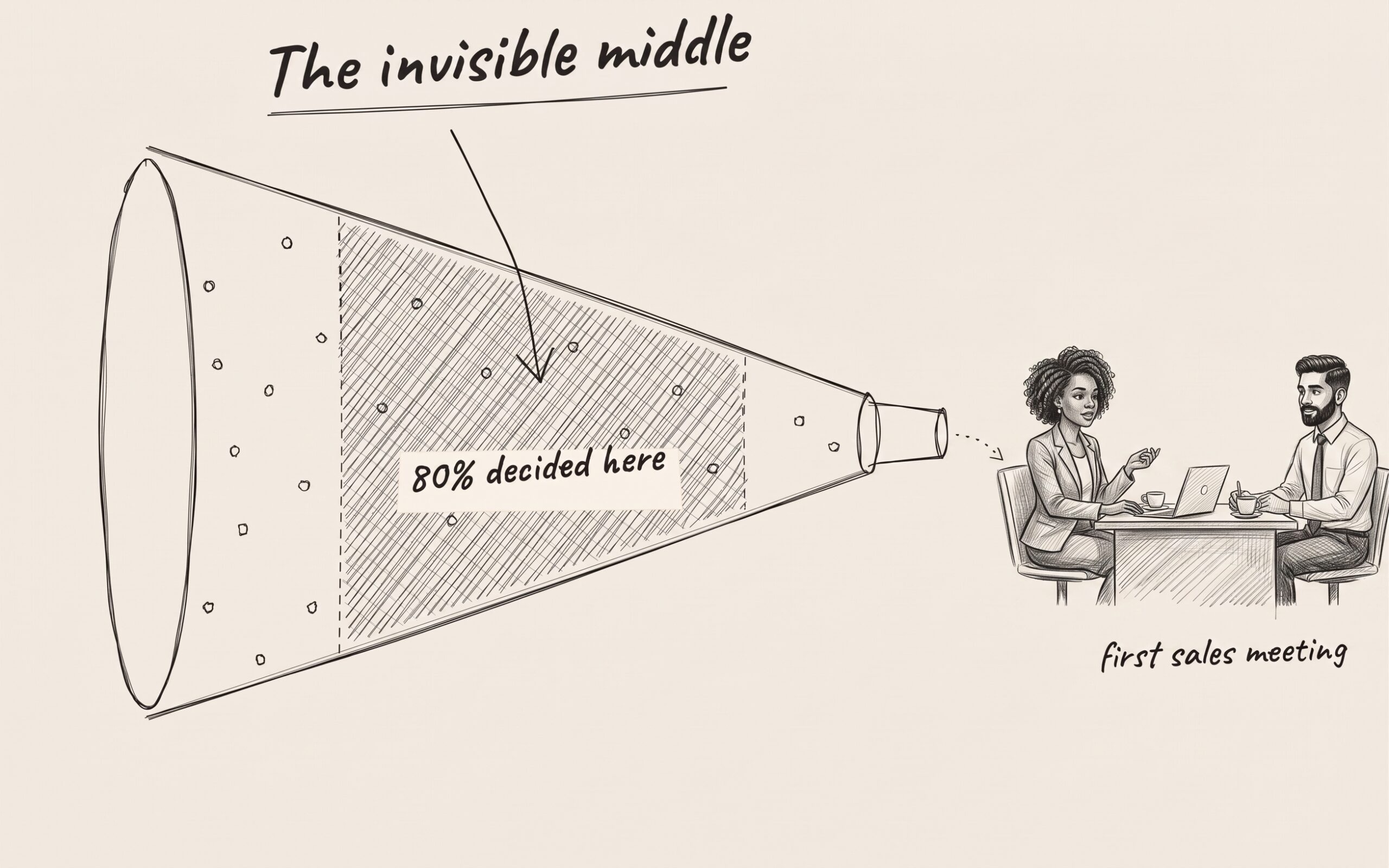 b2b-buyer-journey Sketch of the invisible middle: most of the B2B buyer journey happens before the first sales meeting
